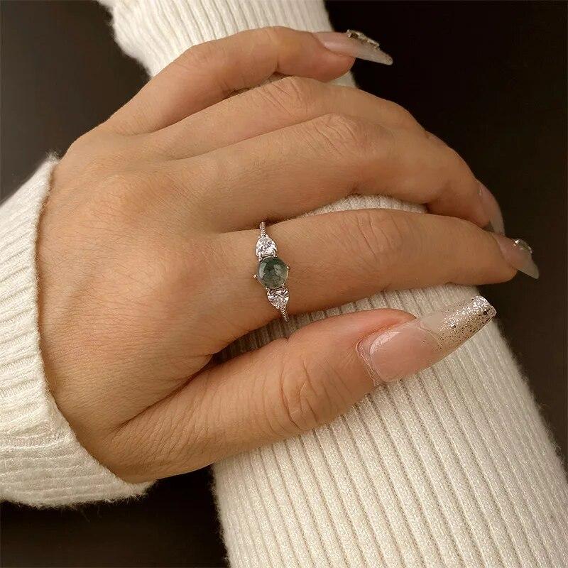 Unique Heart Natural Stone Texture Different Green Moss Grass Agate Vouple Flower Ring For Women Sterling Silver Gift Jwelry