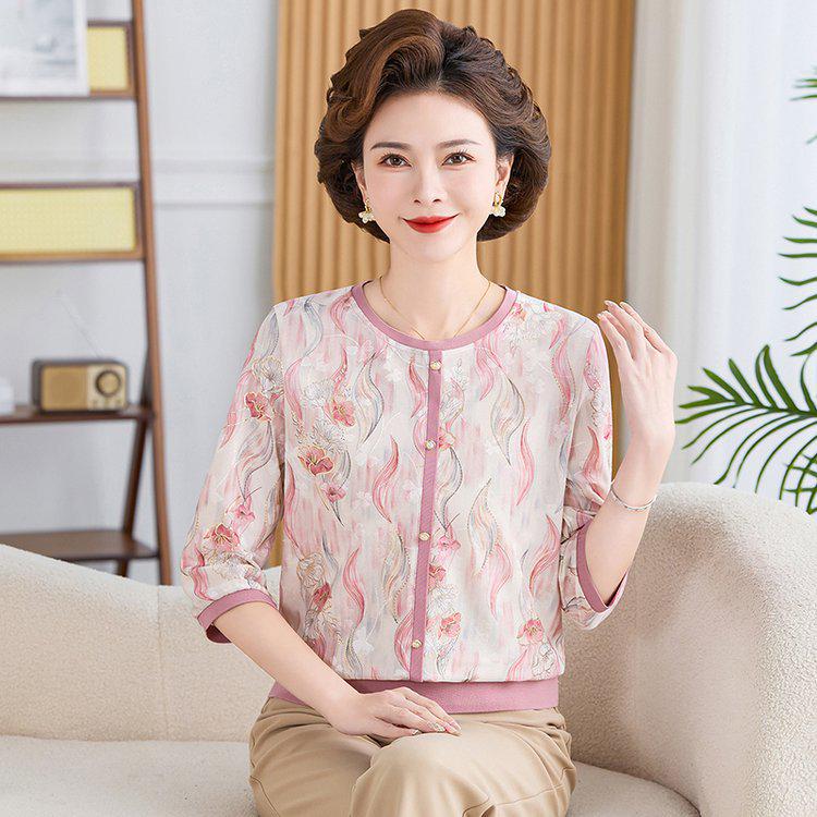

Summer Printed Seven-Sleeve Loose Top for Middle-Aged and Elderly Women - Comfortable Plus Size T-Shirt 5XL розовый