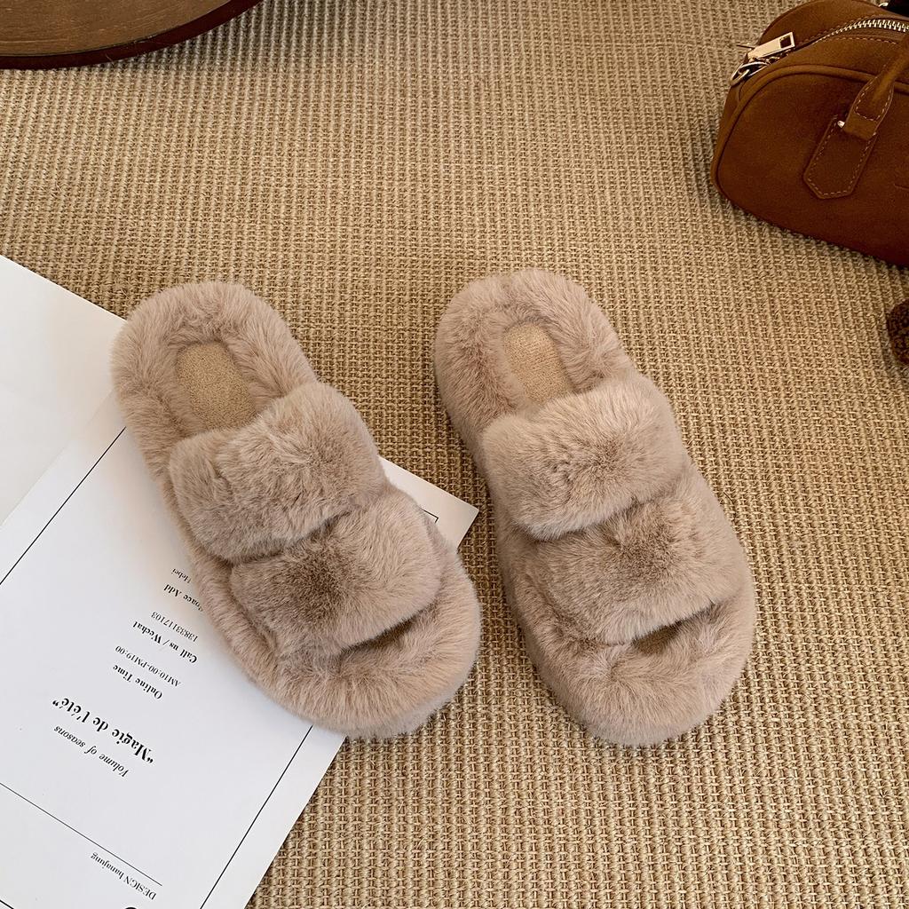 Popular Internet celebrity black French thick-soled fluffy slippers women's 2025 new autumn and winter outer wear with skirt soft-soled cotton mop