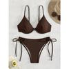 Women's Brown Ribbed V-Neck Triangle Side Tie Two-Piece Bikini Swimsuit