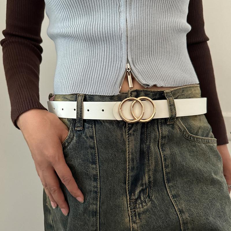 Fashion Women's Belt luxury Double Round Buckle Belt Simple And Versatile Pu Belt for women With Jeans suit for daily business