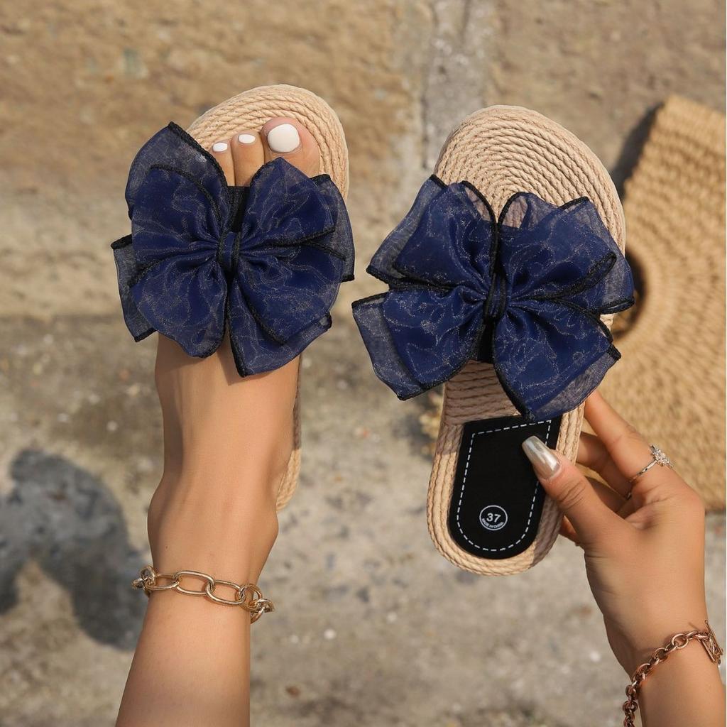 Woven Slide Sandals for Women Summer Flat Open Toe Casual Beach House Slippers