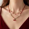 Naszyjnik z wisiorkiem wiśniowym, Podwójny delikatny naszyjnik, Cienki łańcuszek choker, Naszyjnik z czerwonym koralikiem słodka wiśnia, Biżuteria prezent dla kobiet dziewcząt