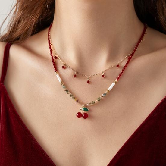 Naszyjnik z wisiorkiem wiśniowym, Podwójny delikatny naszyjnik, Cienki łańcuszek choker, Naszyjnik z czerwonym koralikiem słodka wiśnia, Biżuteria prezent dla kobiet dziewcząt