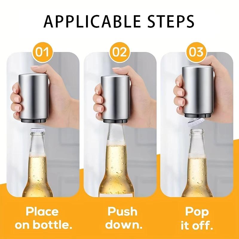 Advanced Beer Bottle Opener, Stainless Steel Semi-automatic Bartender Tool, Press On Lid To Open, Portable, Quick To Open Lid In