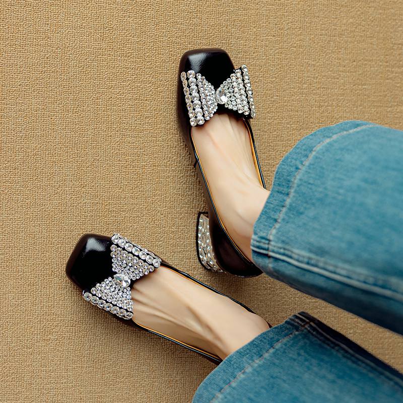 Krazing Pot Cow Skin Summer Size 40 Med Heels Crystal Butterfly-knot Decoration Square Toe Diamond Heels Gladiator Pumps
