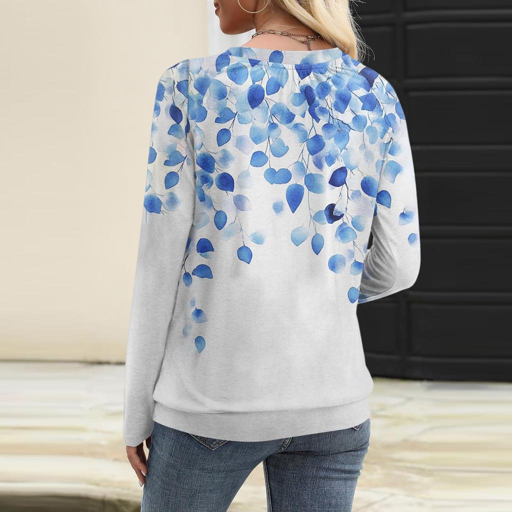 Kvinners avslappet mote V-hals raglan plissert blomstertrykk langermet topp