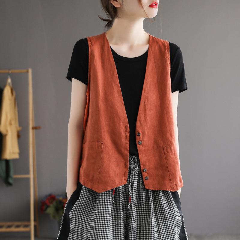 Original Künstlerisch Retro Baumwolle Leinen Einfarbig V-Ausschnitt Weste Damen Sommer Dünn Große Größe Vielseitig Offen Strickjacke Pullover