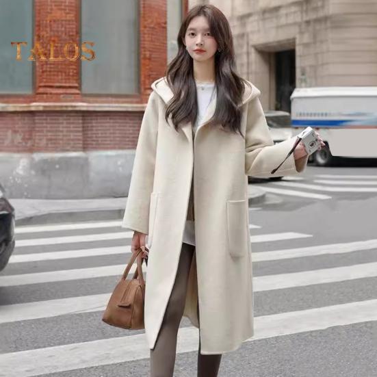 Women Winter Overcoat Hooded Pockets Pure Color Open Stitch Cardigan Mid Length Coat Thermal Long Sleeves Commuting Dating Winter Coat