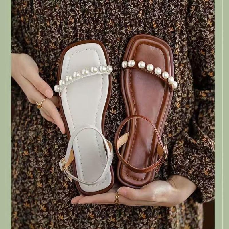Low Heel Sandals Summer New Square Head Open Toe Pearl Fine Belt Soft Sole Anti-slip Wear-resistant Square Heel Shoes