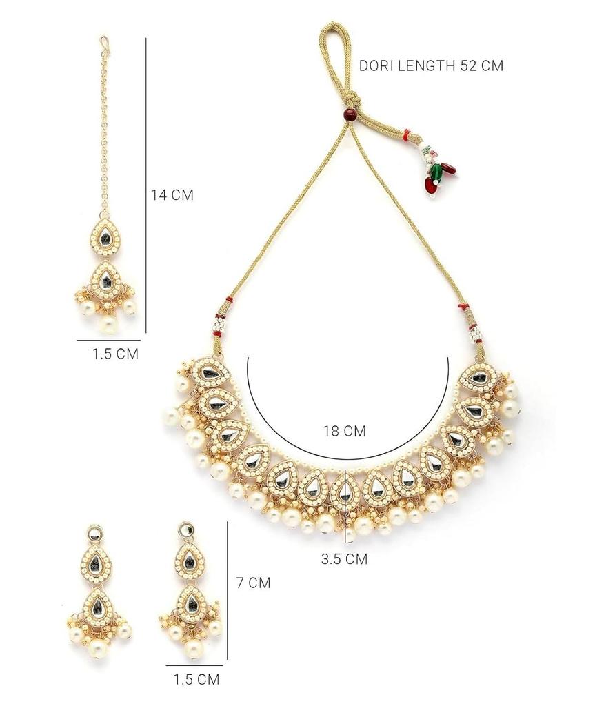 Women Good Looking Stylish Kundan & Pearls Studded White Choker Necklace with Drop Earring Maangtikka Jewellery Set