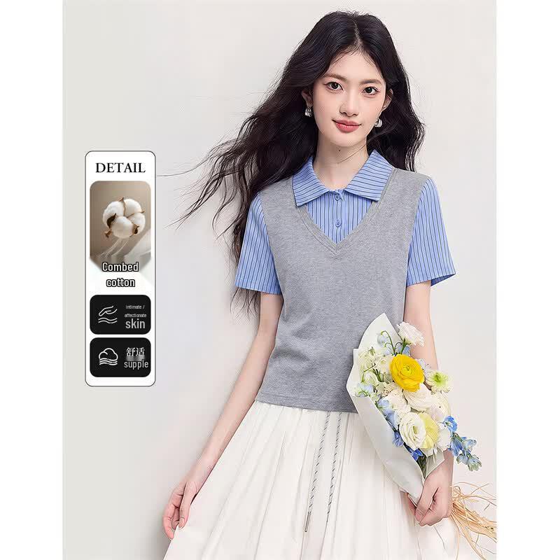 Xinfeyu Women s Striped Polo Collar Short Sleeve T-Shirt M серый