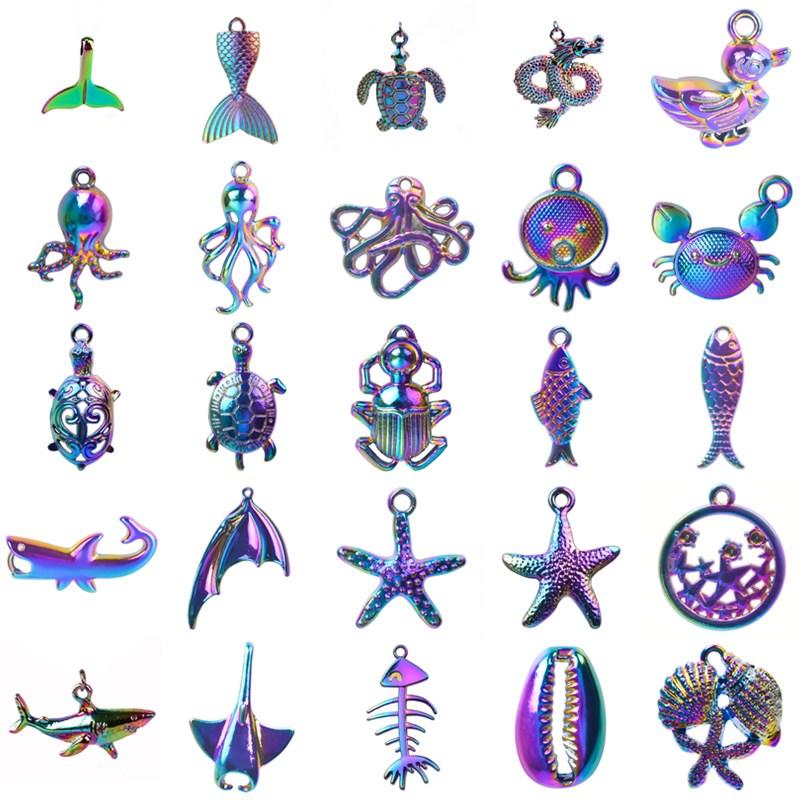 6Pcs Marine Organism Rainbow Colored Octopus Shark Charms For Jewelry Making Supplies Diy Keychain Earrings Accessories Pendants