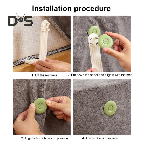 4 vnt. paklodžių laikiklių, užvalkalų sagčių, čiužinio šono paklodžių fiksavimo sagčių, laikančių paklodes tvirtai ir įtemptai visų čiužinių dydžiams