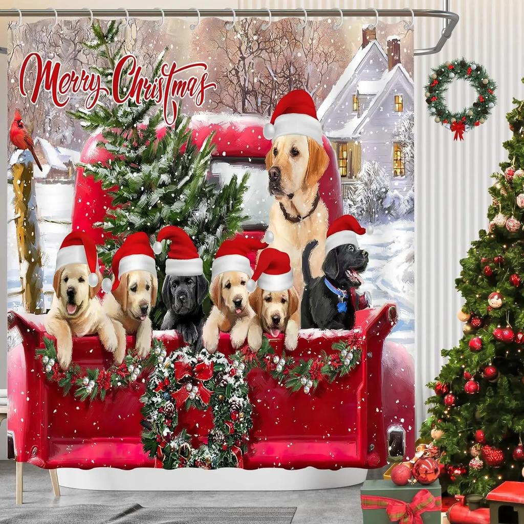 Winter Christmas Shower Curtain Funny Snowman Xmas Trees Fireplace Truck Forest Snowy Scene New Year Holiday Home Bathroom Decor
