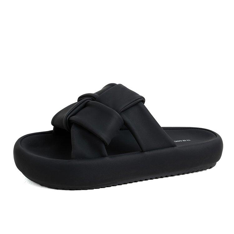 Fashion 2025 Summer New Korean Thick-soled Slippers Women's Outer Wear Braided Open-toed Flip Flops Black and White Colorblock Sandals