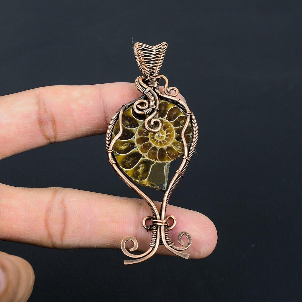 Ação de Graças Amonite Gemstone Fio de Cobre Puro Envolto Feito à Mão Pingente Jóias