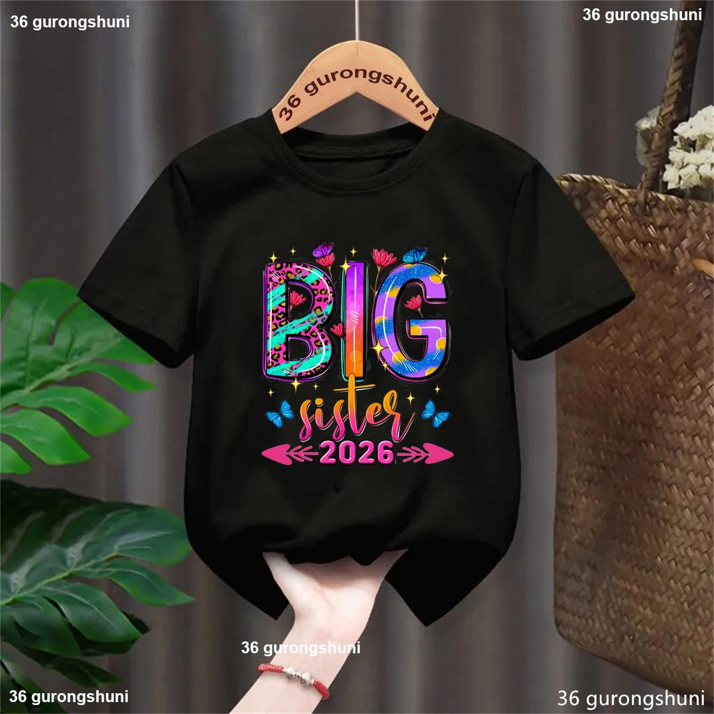 Cute 2026 Girls T-shirt Big Sister LoadingPromoted To Big Sister Tshirt Announcement Kids Shirt Kawaii Girl'S Clothes