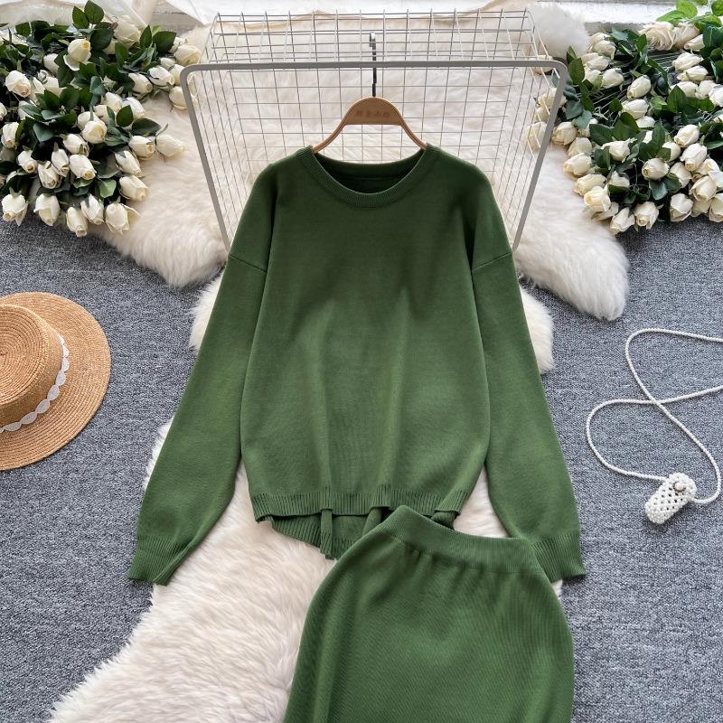 Tvådelat set Damkläder Mild Stil Lättslappig Lös passform Pullover O-hals Långärmad Stickad Tröja Midi Bodycon Kjolar