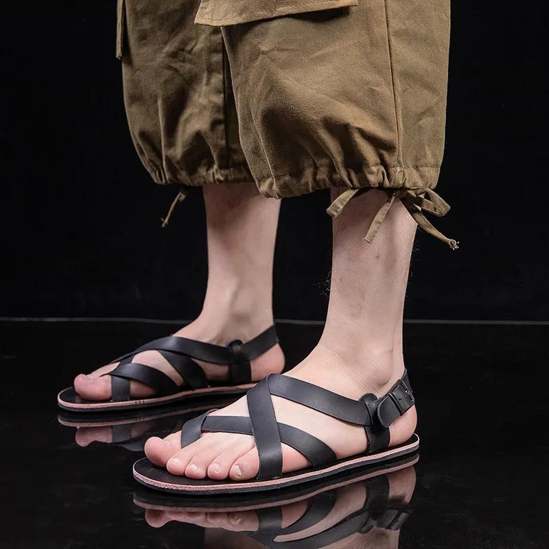 Fashion Summer Men Fashion Rome Genuine Leather Sandals Belt Design Open Toe Sandals Man Simple Casual Flat Shoes Breathable Sandalias