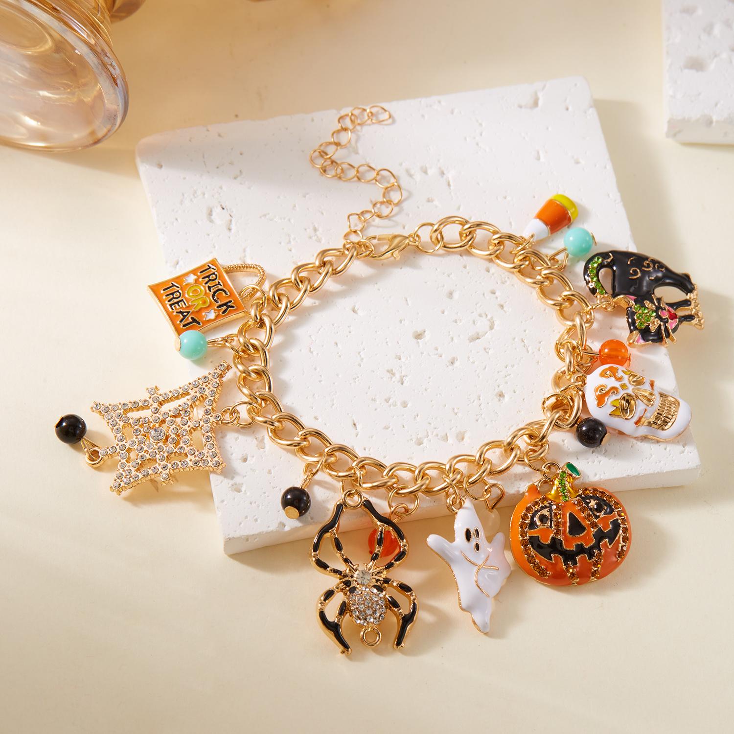 

New Halloween Charm Bracelet Inlaid Zircon Spider Web Pumpkin Ghost Black Cat Skeleton Pendant Hip Hop Punk Metal Bracelets Gift