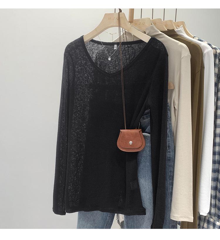 Szykowany kardigan z dekoltem w serek, z prześwitującego materiału chroniącego przed słońcem - Słodka i pikantna koszulka z długim rękawem dla kobiet, na wiosnę i jesień