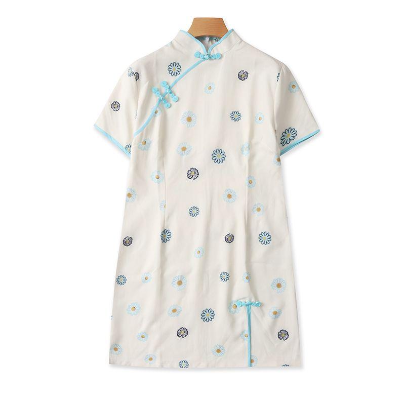 

Платье ципао с цветочным принтом и застежкой-пуговицей-лягушкой, воротник-стойка, этнический стиль, ретро, разрез, средней длины, длинное, приталенное, облегающее бедра, средней длины, женское Rice bottom blue flower S