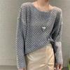 Summer and Autumn New Long Sleeved Solid Color Casual Hollow Knitted Mesh Shirt for Girls, Fashionable and Versatile Top