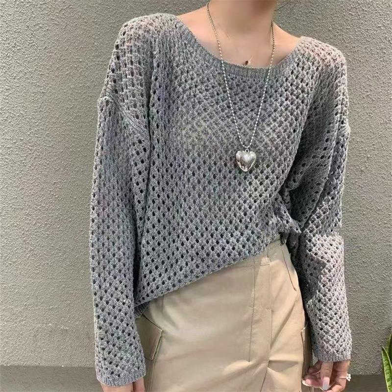 Summer and Autumn New Long Sleeved Solid Color Casual Hollow Knitted Mesh Shirt for Girls, Fashionable and Versatile Top