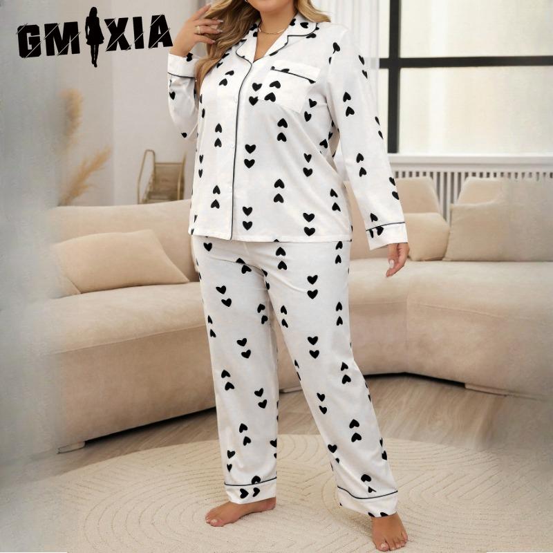 GMXIA Pajamas Women's Cardigan Long-sleeved Trousers Homewear Plus Size Two-piece Set