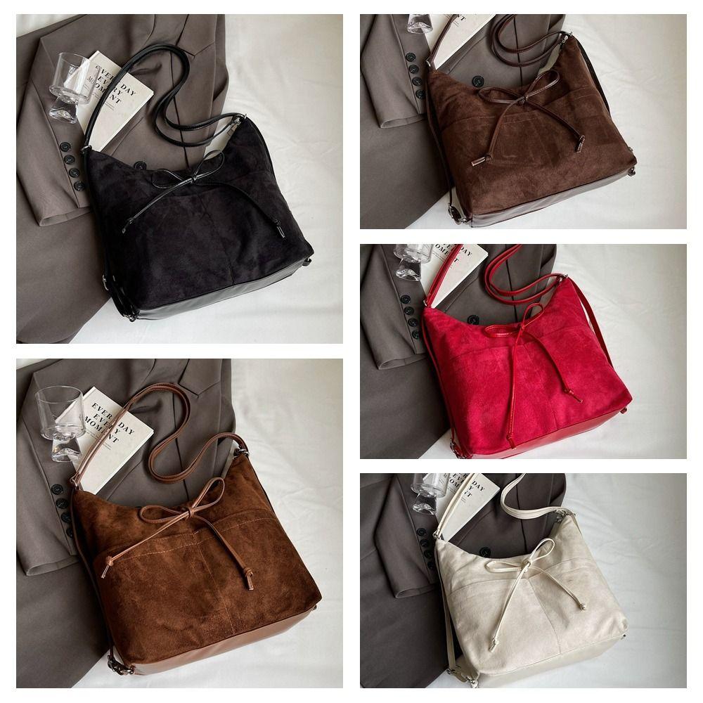 Large Capacity Bow Backpack Solid Color Shoulder Tote Bag Casual Suede Shoulder Bag Shopping