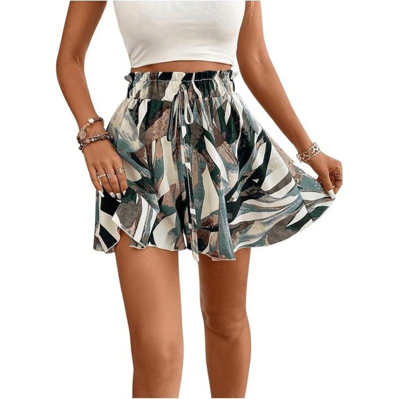 VEZFAA Women's Fashion Casual Colour Block Print High Waist Sport Shorts