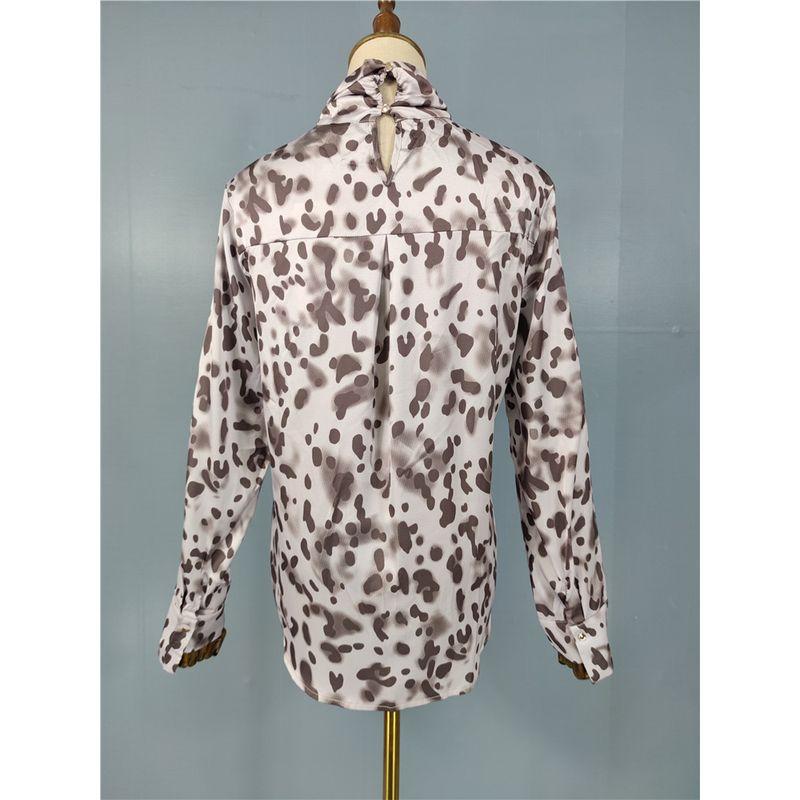French Style Temperament 2025 Early Spring New Arrival Purple Pink Print Fashion Smooth Satin Long Sleeve Stand Collar Shirt Leopard Print Tops