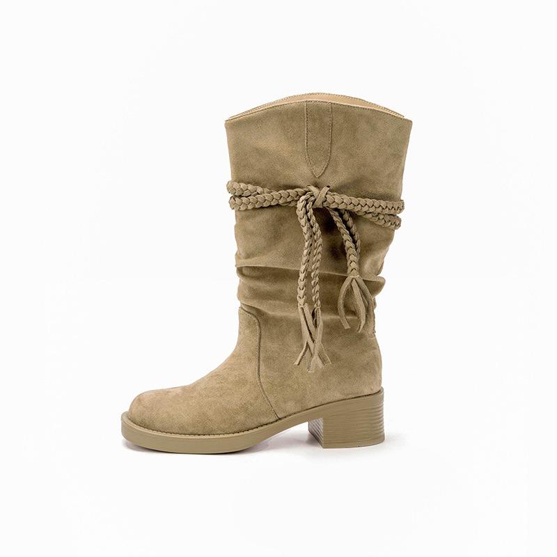 Thick-soled boots female waste retro style knight boots soft leather frosted fringed hemp rope thick heel western cowboy stacking boots
