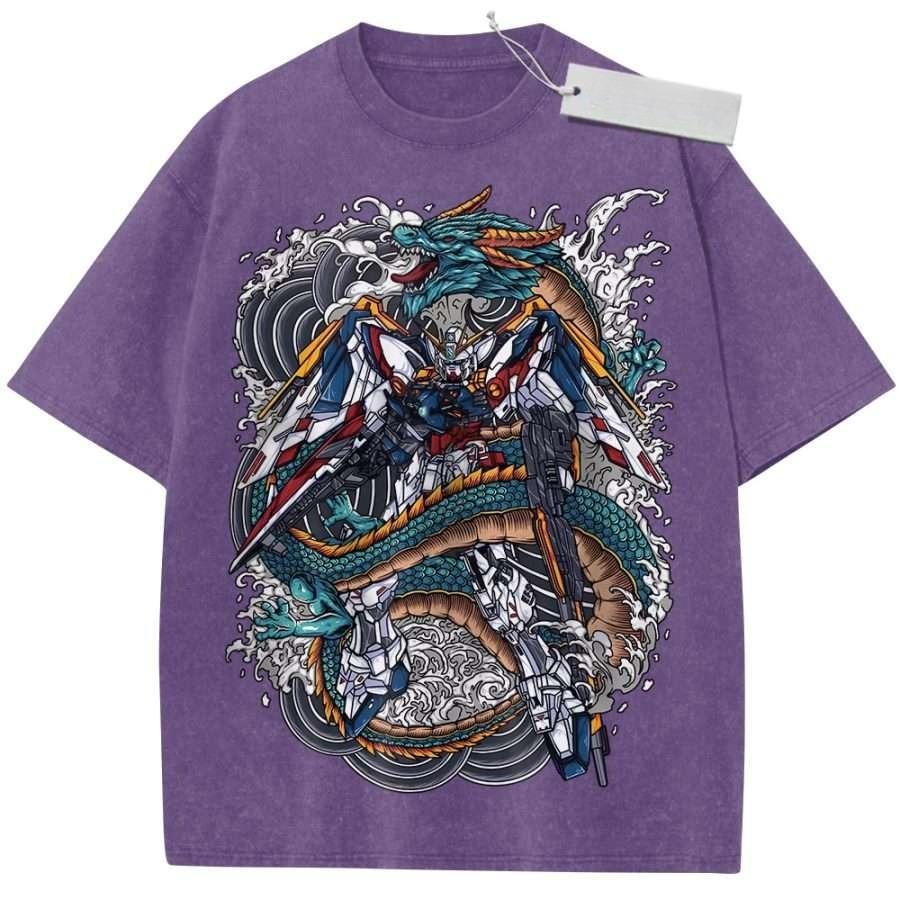 Vintage Washed Anime Oversized TShirt White Gundam Dragon Graphic Streetwear Tee For Otaku Casual Daily Campus Home Wear