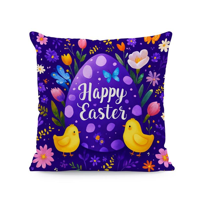 Happy Easter Egg Chick Floral Pillow Cover 2D Printed Peach Skin Cushion Case For Sofa Living Room Spring Decor 45X45