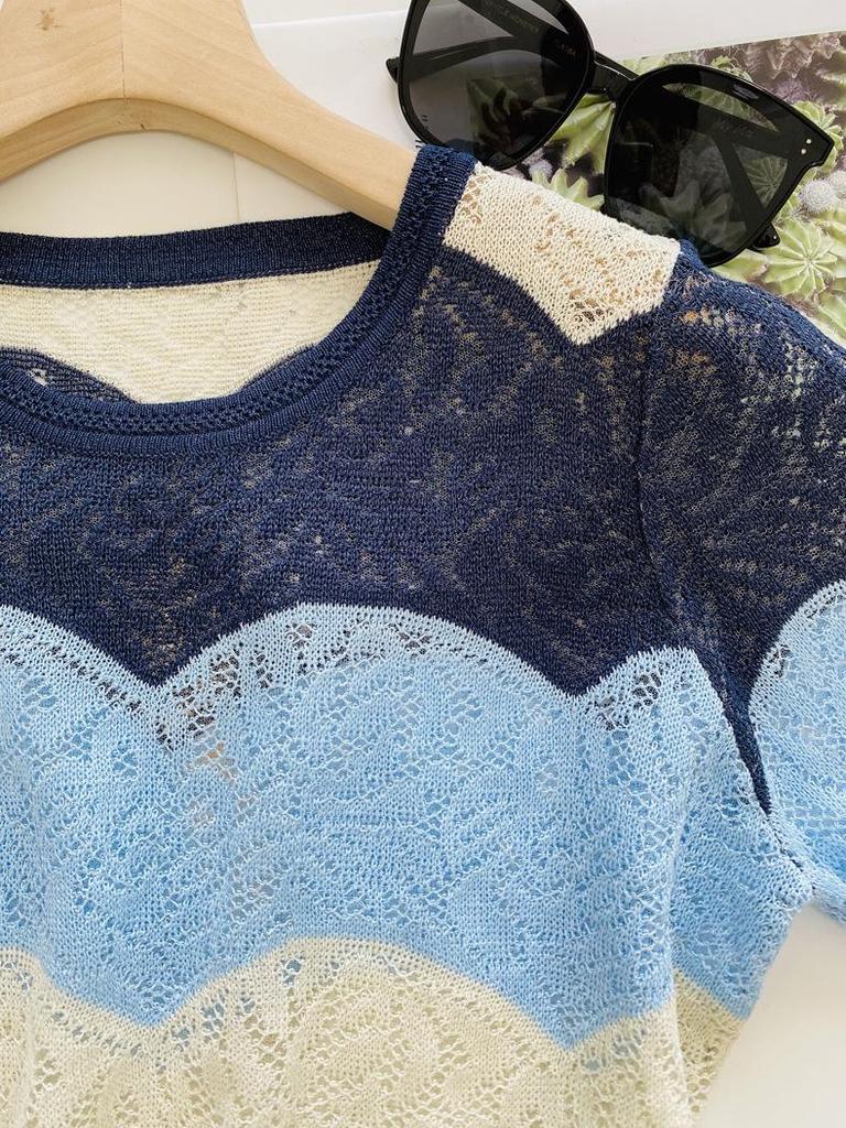 2026 Summer Blue Pine Mist Short-Sleeved Ice Silk Knit Sweater for Women - Elegant, Skin-Brightening Design