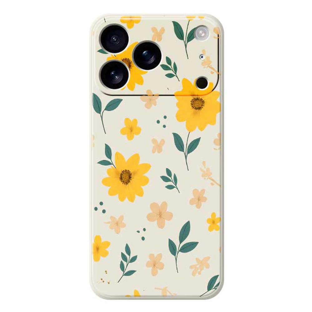 For iPhone 17 Pro Max Case Yellow Floral and Leaves Pattern Printing Straight Edge TPU Phone Back Cover