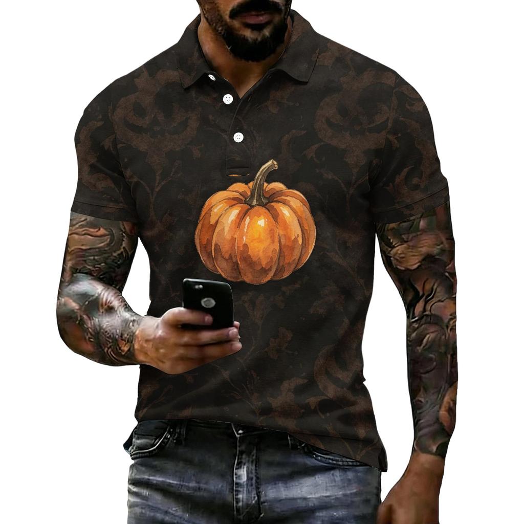 Herren Halloween Print Kurzarm Poloshirt Lockerer Schnitt Lässig Sommer Tägliches Tragen Hemdkragen mit Knöpfen
