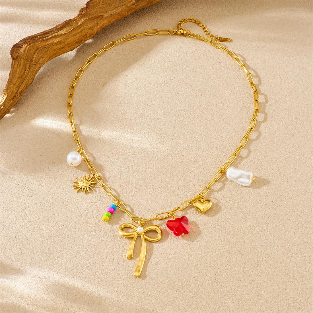

316L Stainless Steel Pearl Inlay Big Bowknow Sun Heart Pendant Necklace Women Trendy Personality Neck Chain Jewelry