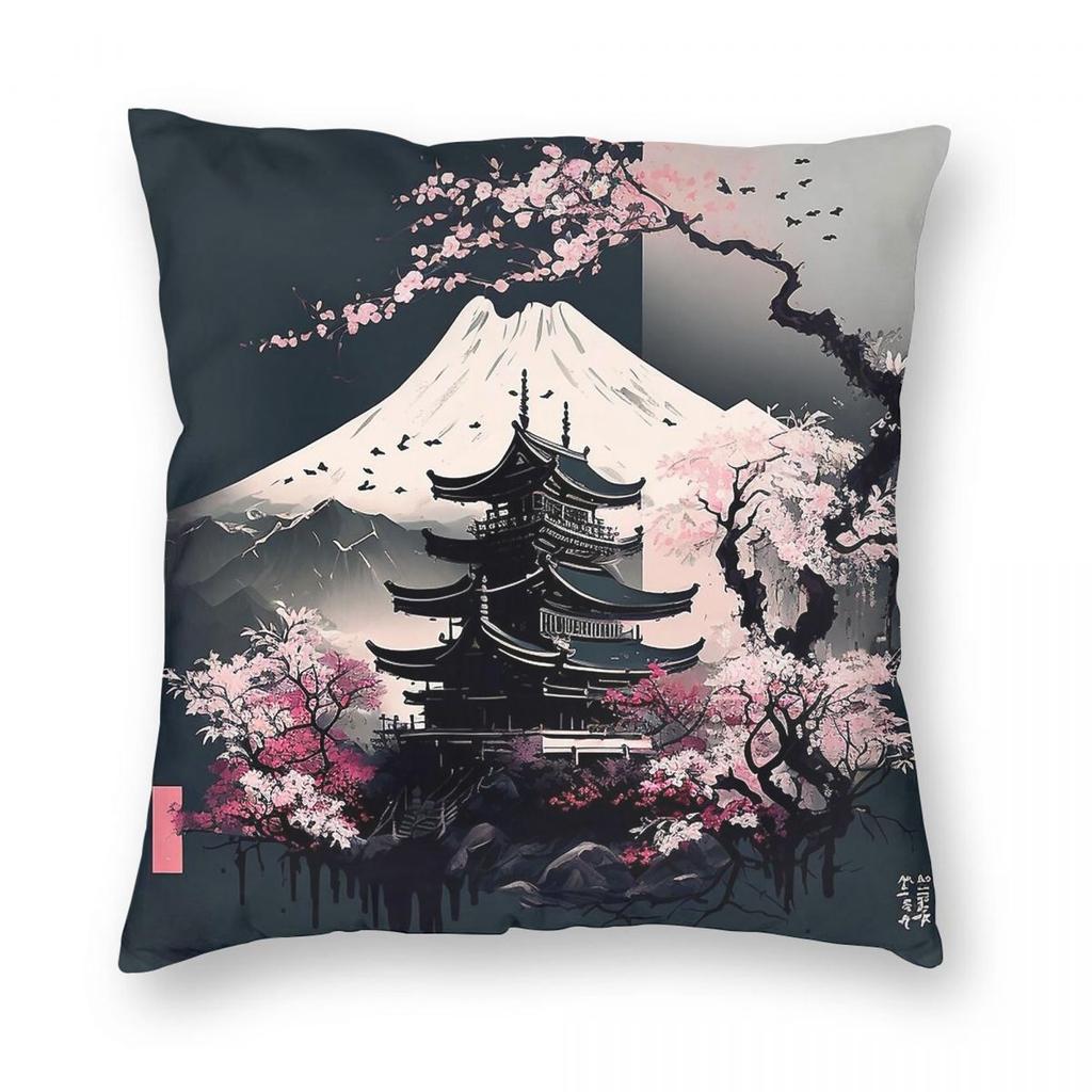 Japanese Pagoda Cherry Blossoms Pillowcase Polyester Linen Velvet Printed Zip Decor Throw Pillow Case Sofa Seater Cushion Cover