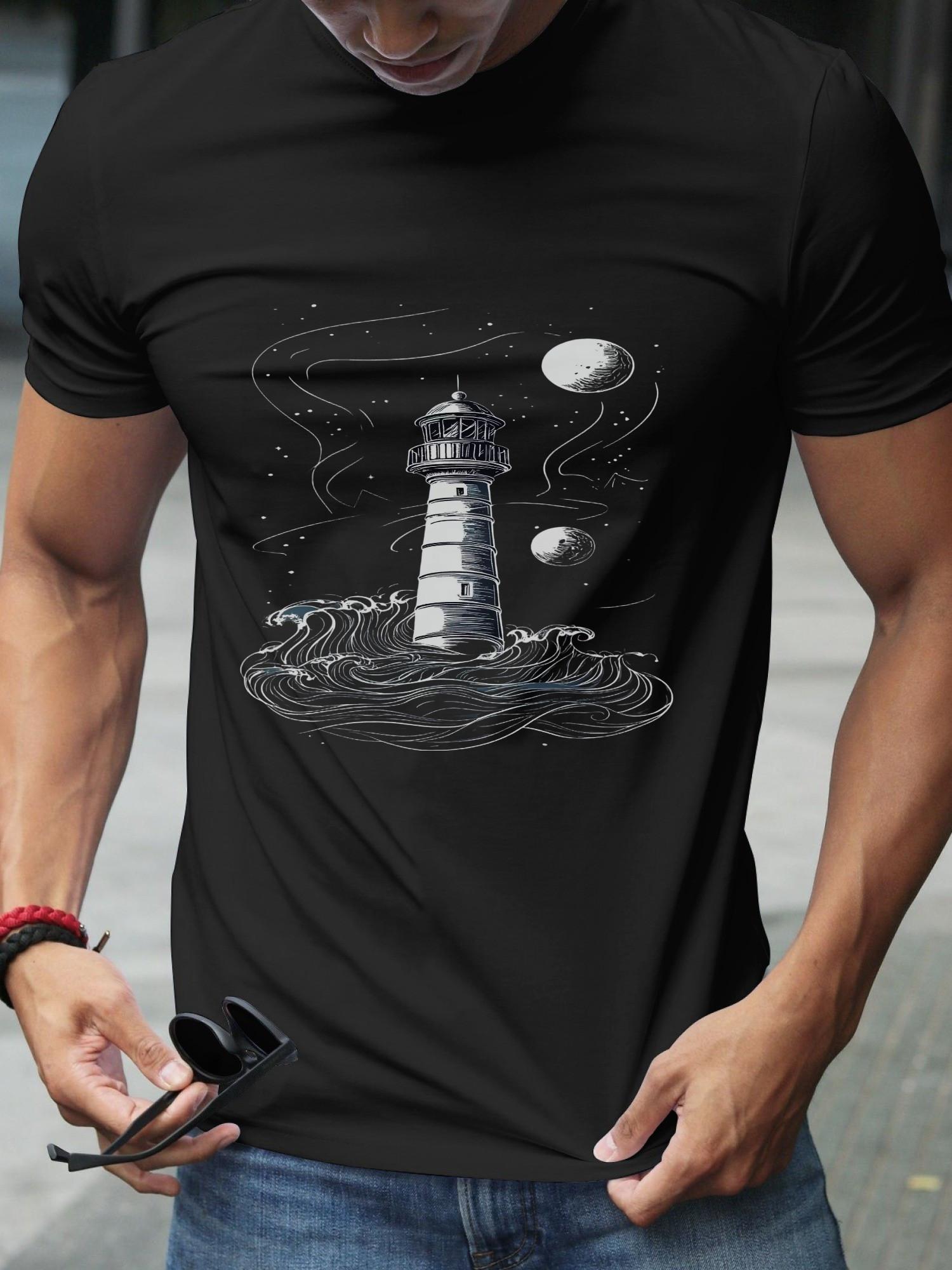 Space Lighthouse Celestial Fantasy Graphic T-shirt - Black 180g Cotton Crew Neck Short Sleeve S