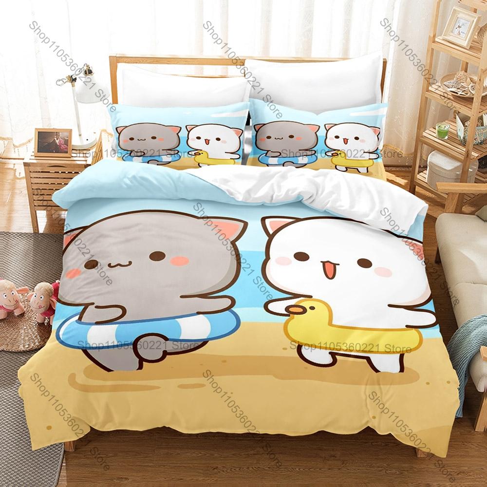 Personality Adorable Peach And Goma Cat Bedding Set New Sweet Couple Printed Duvet Cover Soft Bed Set For Girls Kids Room
