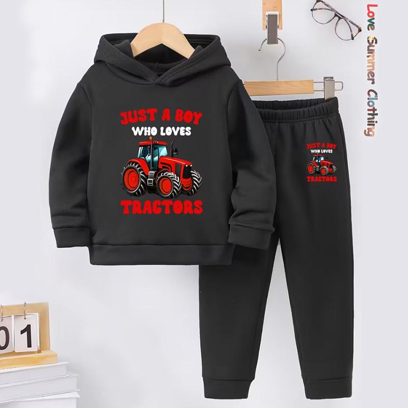2pcs Boys Hoodie Set Motorcycle Excavator Road Car Thermal Long Sleeve Sporty Pants Hoodie Set Gift Ideal Daily Outdoor Wear