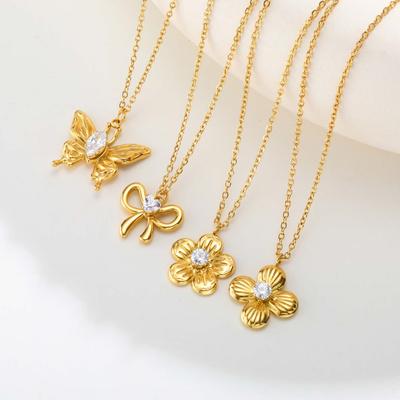 Dainty Zircon Petal Flower Pendant Necklace, Butterfly Stainless Steel Chain Necklace, Personality Exquisite Jewelry For Women