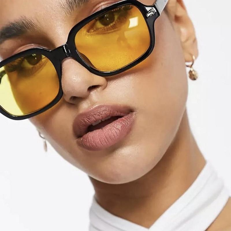 Vintage 90s Yellow Rectangle Sunglasses for Women Men Retro Square Sun Glasses with Rivets Designer Fashion S2160M