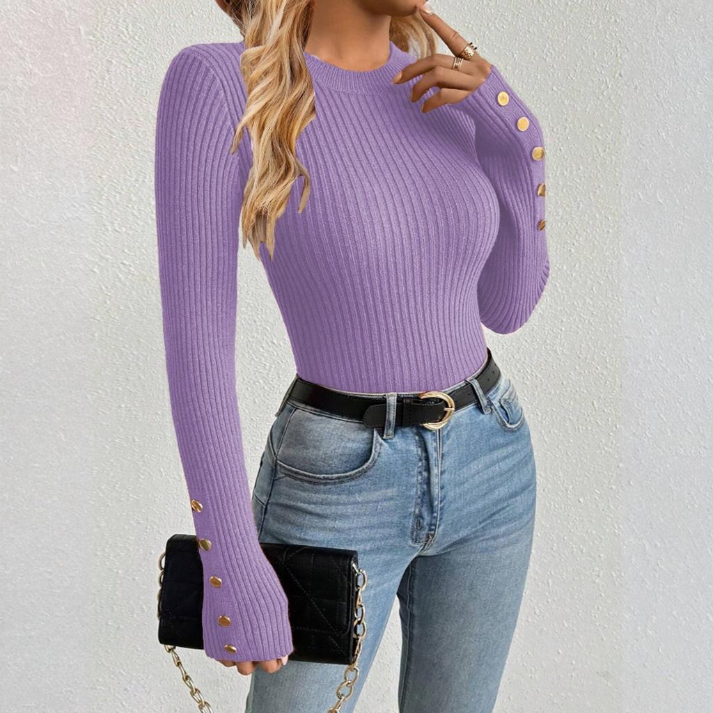 Women's Solid-color Round Collar Fashionable Knitted Sweater