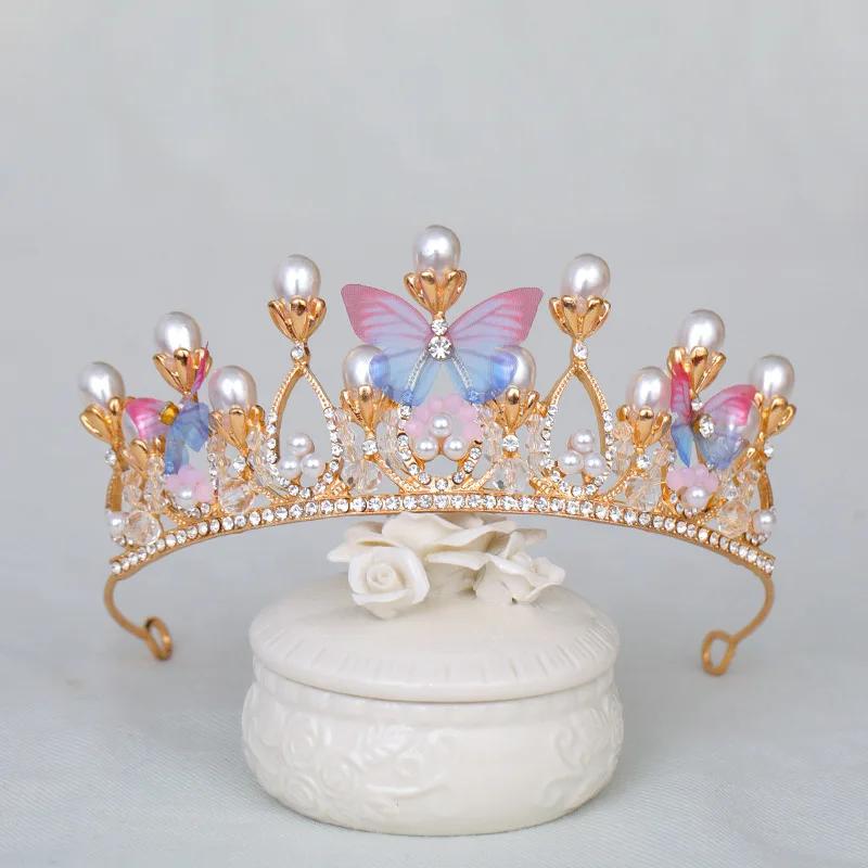 Children and Adults Romantic Butterfly Shape Princess Crown for Girls Handmade Rhinestone Tiara Pearl Headband for Birthday