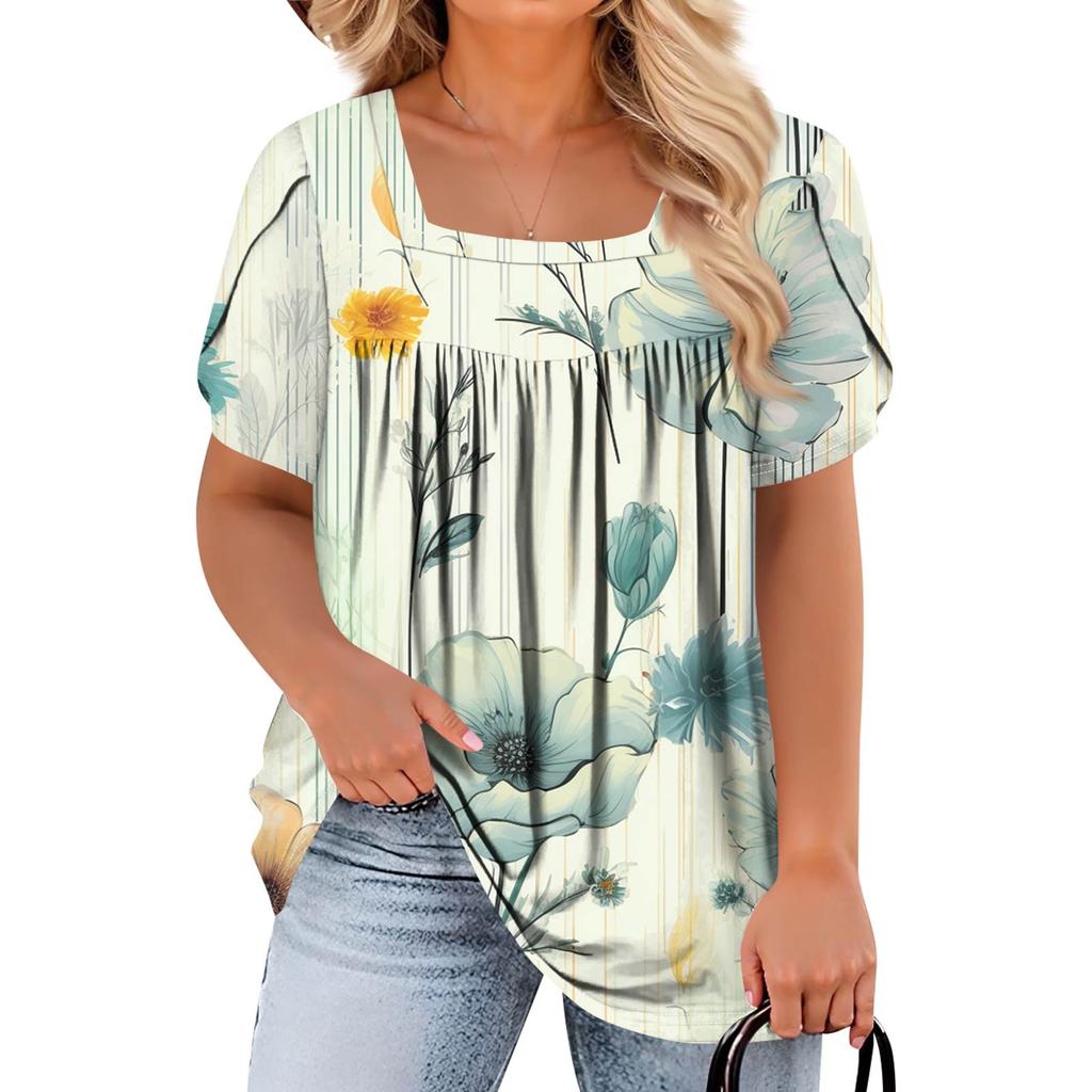 Women's Fashion Casual Printed Square Neck Short Sleeve Large Size T-Shirt Top