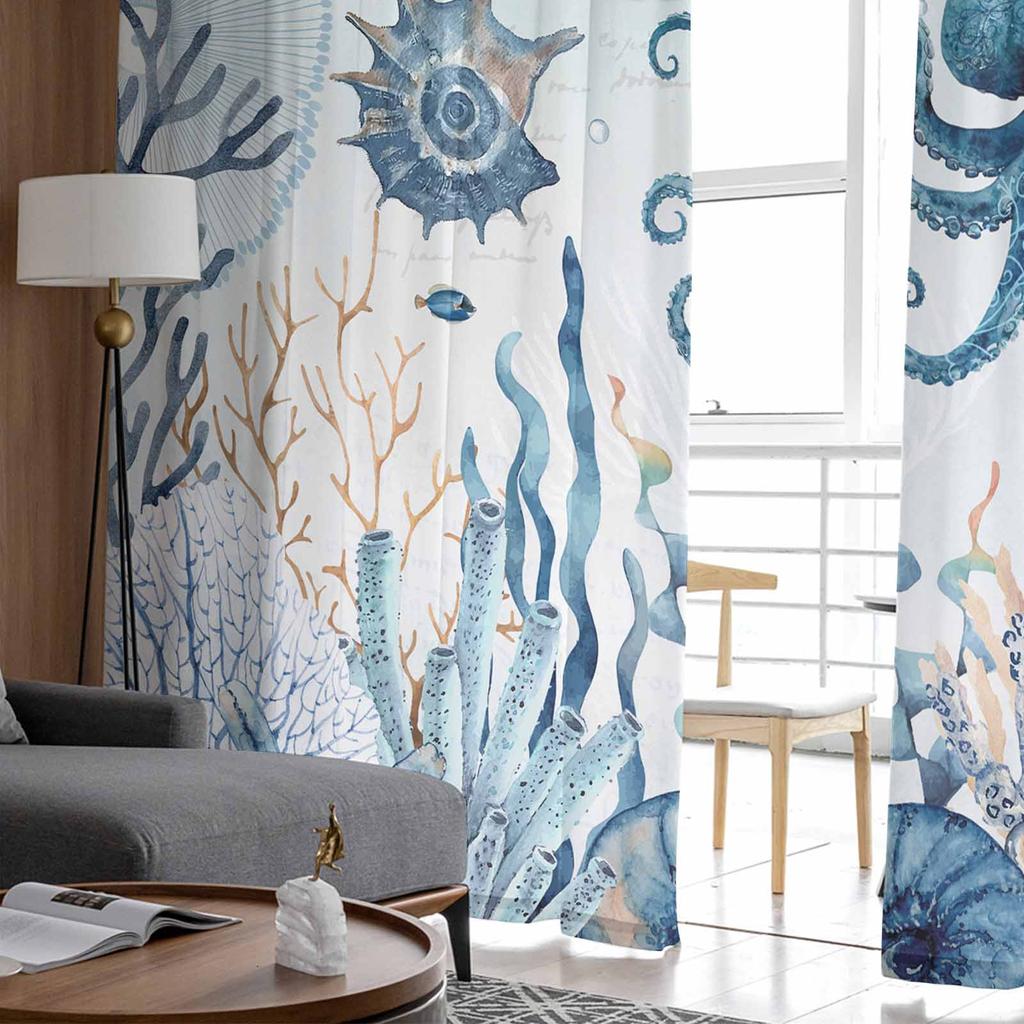 Cortinas transparentes de tule para janela de estrela do mar, vida marinha, verão, para sala de estar, quarto, hotel, decoração de luxo